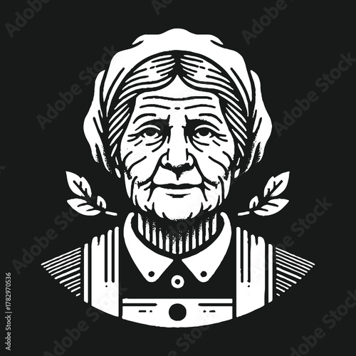Elderly Woman Portrait: Detailed Illustration on Black Background.