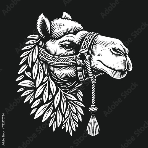 Elegant Camel Portrait with Decorative Harness and Foliage.
