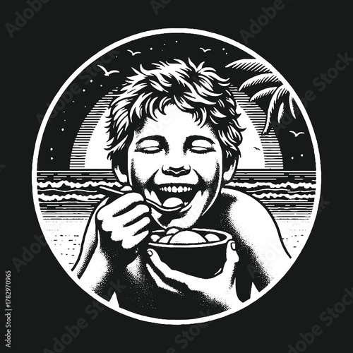 Joyful Boy Enjoying Ice Cream on a Sunny Beach Day.