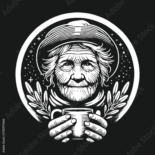 Elderly Woman Holding Mug Smiling in Circular Design.