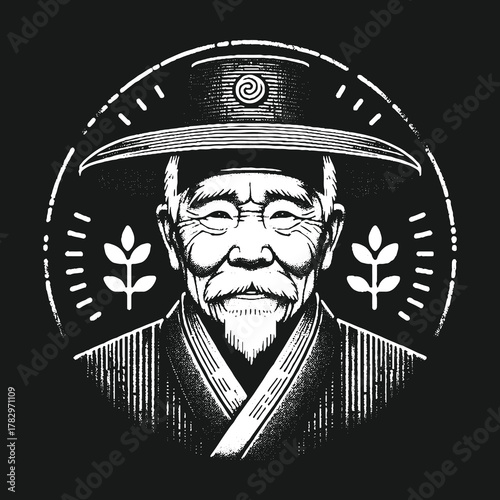 Wise Elder Portrait: Serene Asian Man in Traditional Attire.