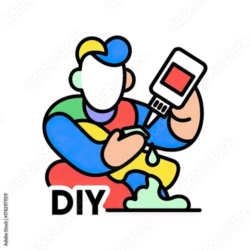 Colorful DIY Illustration of a Person with a Glue Bottle and the Word DIY