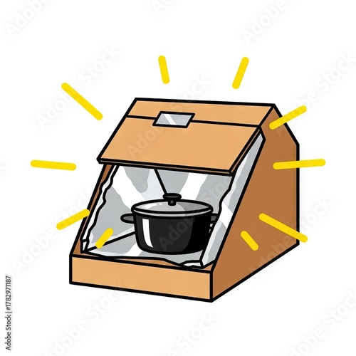 Cartoon Illustration of Homemade Solar Oven with Cooking Pot and Shiny Reflection