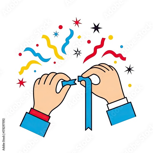 Hands Tearing Blue Ribbon with Confetti and Stars on White Background