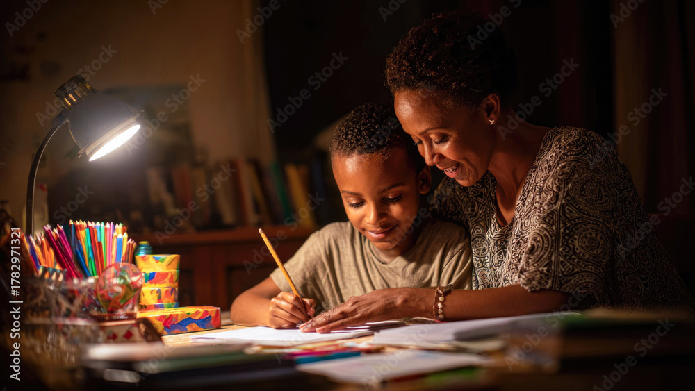 Naklejka premium Mother and son spending time together in the evening, drawing and doing homework at the table in the room, family leisure concept at home