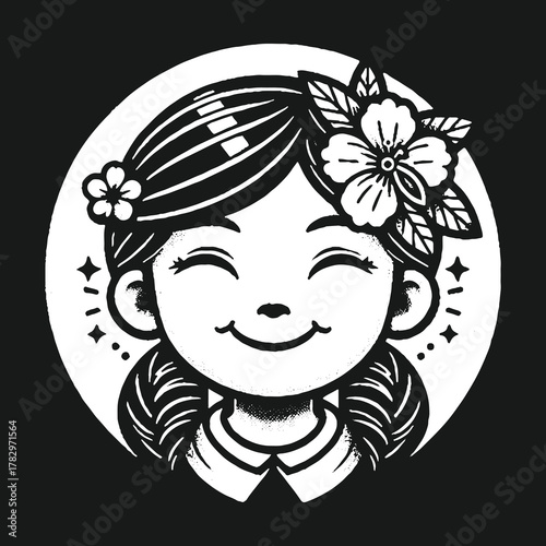 Smiling Girl with Flowers in Hair Black and White Illustration.