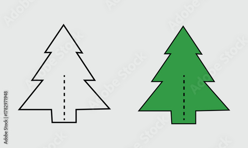 Christmas Tree Outline and Filled Icon with Symmetry Line