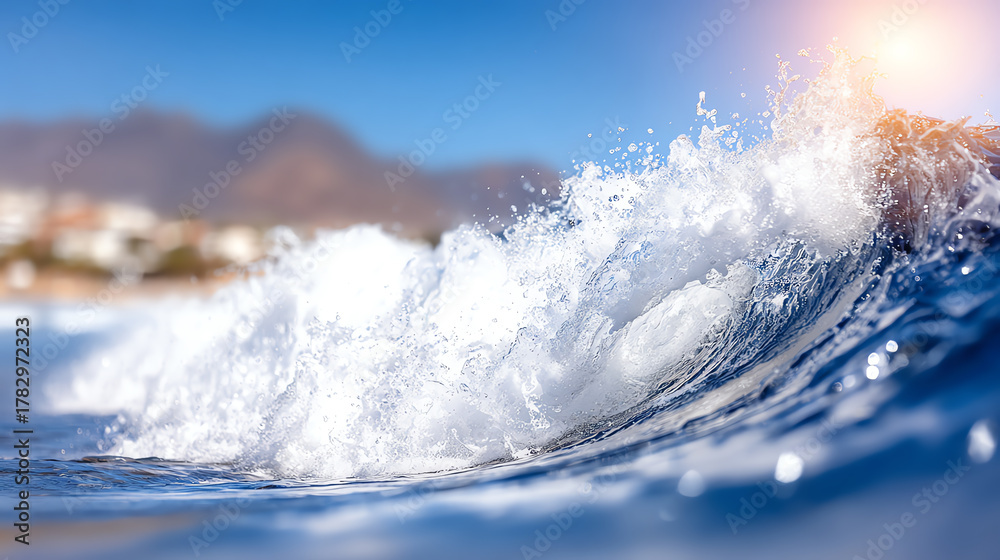 Obraz premium A stunning ocean wave crashes beautifully against the shore, capturing the essence of nature's power and serenity on a sunny day.