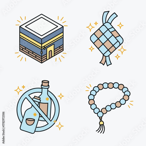Collection of modern line art icons representing Islamic culture, featuring the Kaaba, Eid Ketupat, Tasbih beads, and no alcohol
