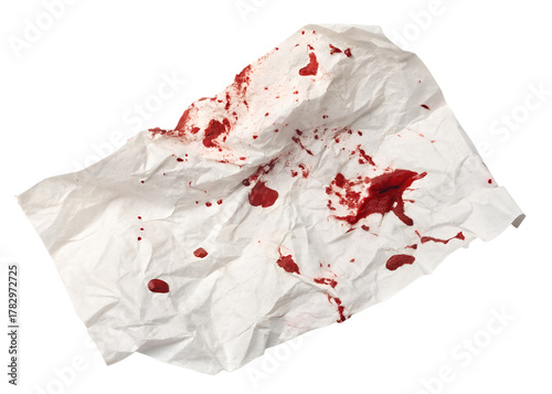 Crumpled white tissue paper stained with red blood spots isolated on white