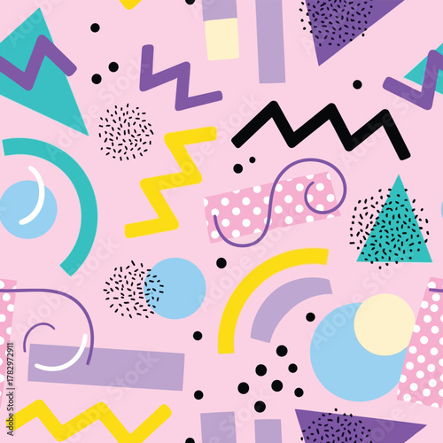 Vibrant Retro Geometric Abstract Seamless Pattern Design Featuring Playful Shapes and Pastel Colors for Creative Backgrounds