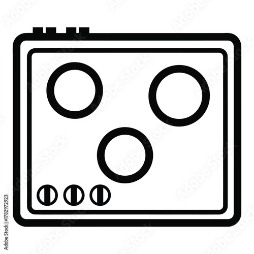 Simple stovetop illustration with burners and control knobs in black and white