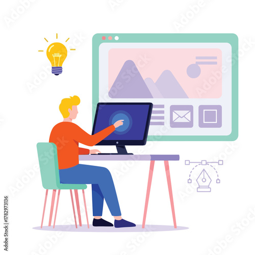 Young professional developing a responsive website design on a computer, illustrating the creative process from idea to execution