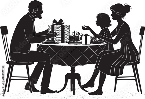 Family silhouette at dinner table with gift and food kwanzaa african culture vector