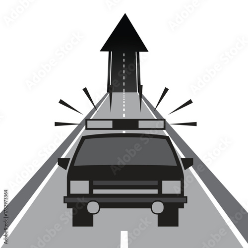 Police car with flashing lights driving on road with arrow
