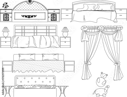 Detailed line art vector set of bedroom furniture and decor: beds, nightstands, lamps, and curtains in various elevation views.