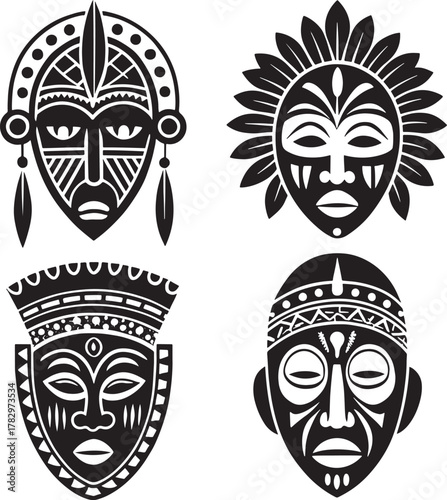Four kwanzaa african culture Black African Tribal Masks With Intricate Patterns And Feathered Headdresses