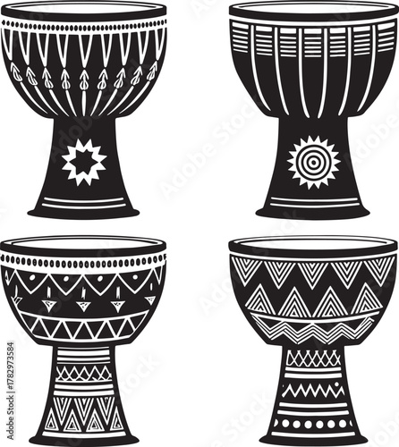 Four kwanzaa african culture black and white djembe drums with tribal patterns and geometric designs