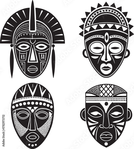 Four kwanzaa african culture black and white tribal masks with intricate patterns and geometric designs