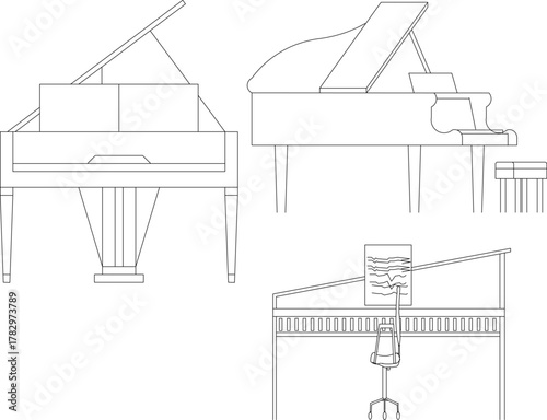 Detailed line art vector set of a grand piano and stool, shown in front, side, and top views for architectural and musical instrument diagrams.