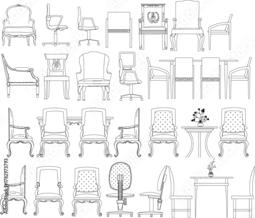 Detailed line art vector set of various chairs (dining, office, armchair) and tables in elevation view, covering classic and modern styles.
