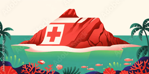 Vibrant Tonga Island Illustration with National Flag, Tropical Ocean Coral Reef, Palm Trees, and Marine Life in Modern Flat Style