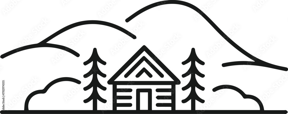 Obraz premium House with Pine Trees and Mountains. Black and White Outdoor Adventure Logo Design for Travel, Camping, and Nature Branding, Cabin Icon