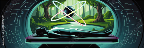 Futuristic Human Regeneration in Nature, Sci-Fi Healing Chamber, Digital Circuit Patterns, Quantum Energy, and Forest Landscape