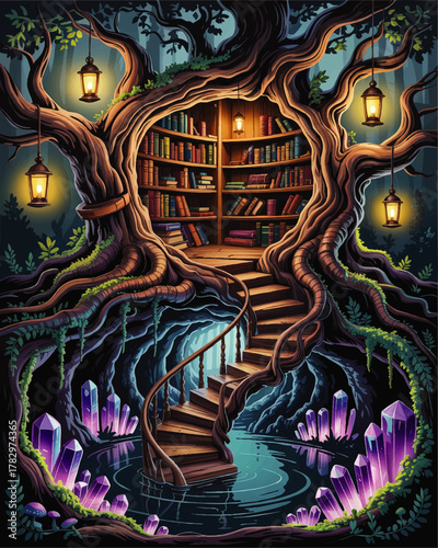 Enchanted Tree Library with Spiral Staircase, Glowing Crystals, and Hanging Lanterns in a Magical Fantasy Forest Illustration