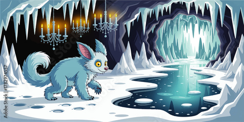 Cute Blue Fantasy Creature in Magical Ice Cave with Chandeliers, Frozen Lake, Winter Landscape, Cartoon Vector Illustration
