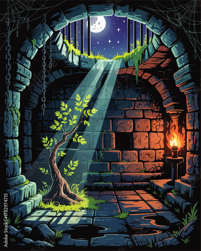 Mysterious Fantasy Dungeon Cellar with Moonlight, Overgrown Plants, Torch Light, and Ancient Stone Architecture Illustration