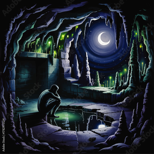 Mysterious Moonlit Cave with Stalactites, Solitary Figure, Reflective Pool, Fantasy Night Sky, and Luminous Fungi