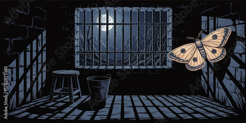 Surreal Prison Cell at Night with Full Moon, Large Moth, Shadows, Stool, and Bucket – Dark Vector Illustration