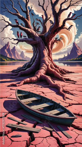 Surreal Drought Landscape with Bare Tree, Flock of Birds, Broken Rowboat on Cracked Earth and Dramatic Sky