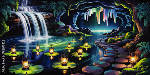 Magical Waterfall Cave with Glowing Lanterns, Stone Path, Lush Ferns, and Colorful Stalactites in Enchanted Fantasy Landscape