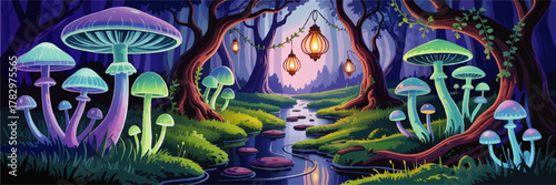 Enchanted Fantasy Forest Stream with Glowing Mushrooms and Lanterns, Magical Night Landscape, Vibrant Illustration