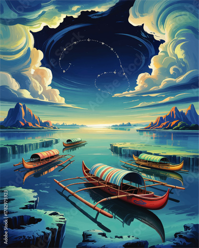 Fantasy Landscape with Traditional Canoes on Crystal Lake, Vibrant Sky, Majestic Clouds, Mountains, and Dreamy Constellations