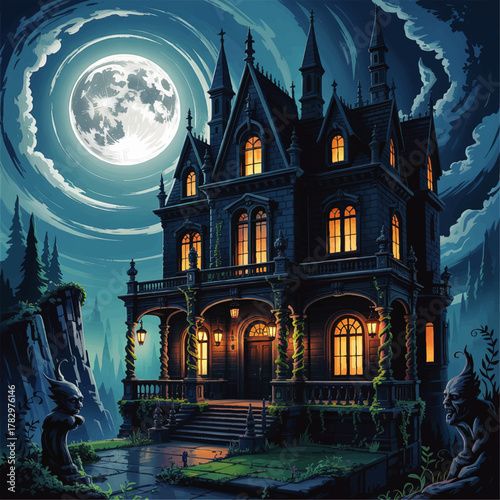 Spooky Gothic Haunted Mansion Illustration with Glowing Windows, Full Moon Night, Gargoyle Statues, and Dark Forest Background