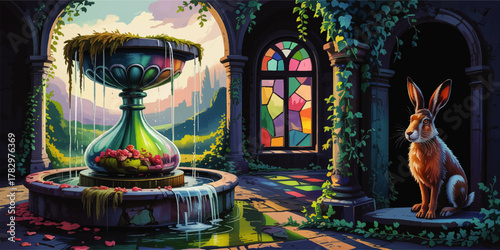 Enchanted Garden Courtyard with Colorful Fountain, Majestic Rabbit, and Stained Glass Window in Vibrant Fantasy Landscape Illustration