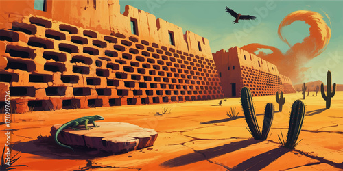 Ancient Adobe Desert Ruins with Cactus, Lizard, and Dramatic Sky Vortex – Vibrant Digital Landscape Illustration