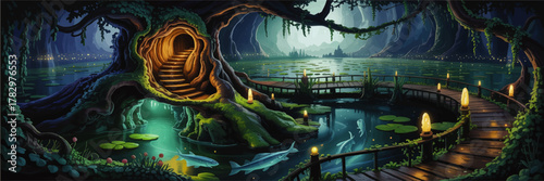 Enchanted Fantasy Forest Lake with Glowing Tree House, Wooden Bridge, Magical Night Landscape, and Mystical Aquatic Creatures