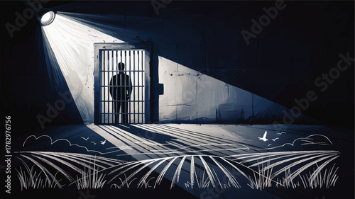 Surreal Illustration of Prisoner Silhouette Behind Bars in Dark Cell With Spotlight and Dreamlike Field of Freedom