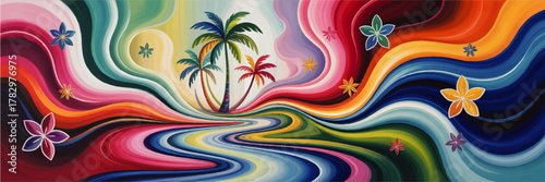 Vibrant Abstract Tropical Landscape with Palm Trees, Colorful Swirls, and Decorative Flowers – Summer Artistic Illustration