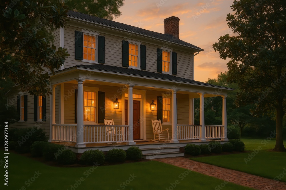 Obraz premium Charming southern style home with wraparound porch rocking chairs and soft dusk glow among magnolias