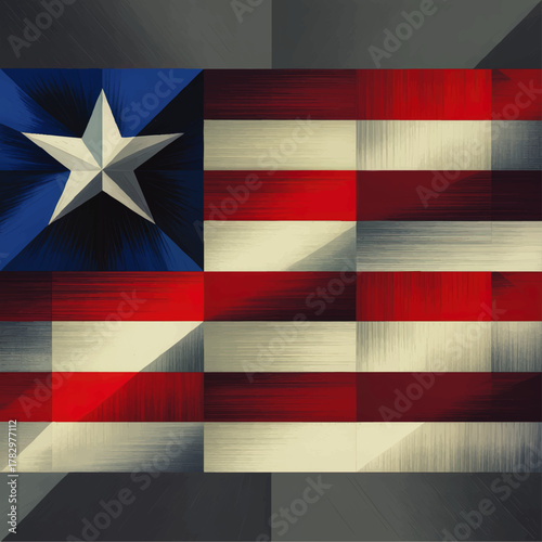 Modern Abstract Liberia Flag Art – Geometric Textured Illustration Red White Blue Star, Patriotic African Design, Contemporary Decor