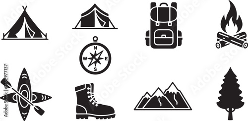 Camping icons set with transport and travel silhouettes vector design