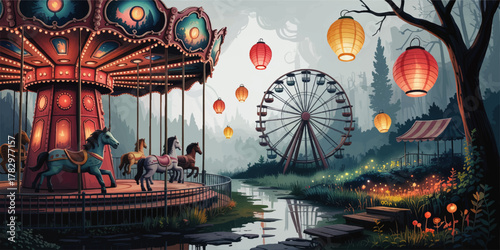 Whimsical Vintage Amusement Park at Dusk with Carousel, Ferris Wheel, and Glowing Lanterns in Mystical Forest Setting