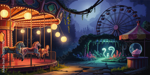 Enchanted Night Carnival Illustration with Carousel, Ferris Wheel, Lanterns, and Glowing Mystical Garden – Whimsical Fantasy Fairground Art