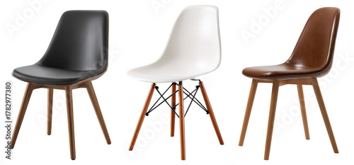 three modern dining chairs in black, white, and brown, isolated on background.