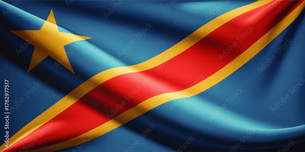 Fototapeta premium Democratic Republic of the Congo Flag Waving in Wind – High Resolution, Realistic Texture, Blue Background, National Symbol